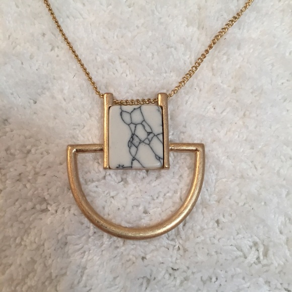 Long Gold & Marble Geometric Pendant Necklace - Picture 2 of 4